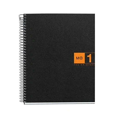 Afbeelding van Miquelrius Notitieboek The Original, A5, 80 vellen met 70 g/m² en 1 gekleurde strip, geruit, 5 mm, 2 gaten, deksel van polypropyleen, zwart/oranje