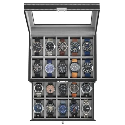 Afbeelding van SONGMICS horlogedoos, horlogekast met glazen deksel, 2 niveaus, horlogekoffer uitneembare horlogekussens, cadeau idee, PU bekleding in zwart, fluwelen voering grijs JWB020