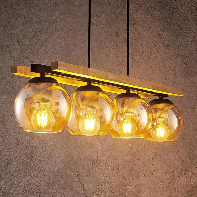 Afbeelding van Lindby hanglamp 4 lichts Glas, metaal, hout E27 amber, zwart, lichte eik