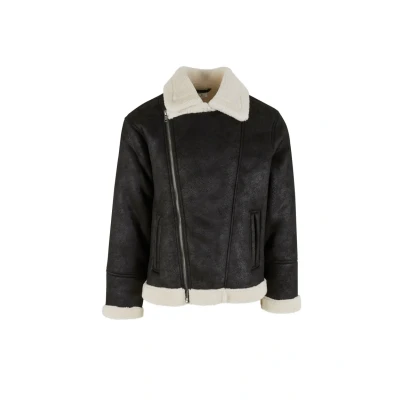 Afbeelding van Urban Classics Shearling bikerjack voor heren, warme motorjas kraag van imitatiebont en manchetten, regular fit, maten S 5XL, zwart/wit zand, XL