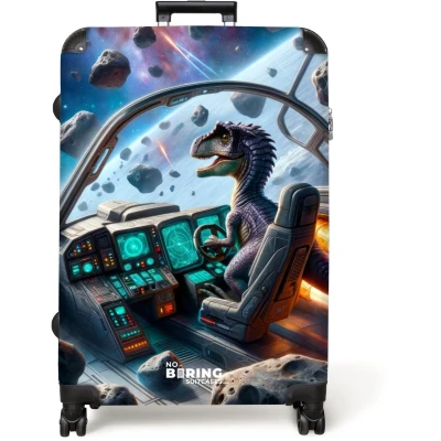 Afbeelding van NoBoringSuitcases.com® Koffer groot Reiskoffer lichtgewicht Blauwe dinosaurus bestuurt een raket Rolkoffer met 4 wielen Grote trolley XL 98 liter bagage