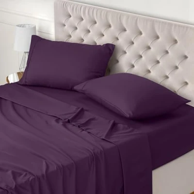 Afbeelding van Utopia Bedding 4 Delig Beddelakenset (Voor Beddenmaat 180x200 cm, Purper) Polyester Microvezel Stof 1 Hoeslaken &amp; Vlakke laken met 2 Kussenslopen