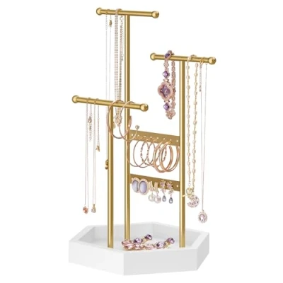 Afbeelding van SONGMICS Sieradenstandaard, sieradenorganizer, 4 onafhankelijke zones, sieradendisplaystandaard met metalen frame, oorbelarmband, kettinghouder, voor ringen, goud en wit JJS003A01