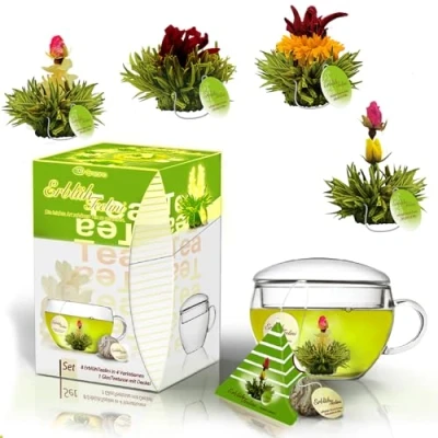 Afbeelding van Creano ErblühTheebloemen cadeauset met theeglas en 8 theebloemen in kopformaat, groene thee, cadeau voor vrouwen, moeder, theeliefhebber