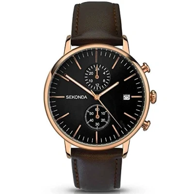 Afbeelding van SEKONDA Unisex volwassen analoog klassiek kwartshorloge met lederen band 1380.27, Zwart, Riem