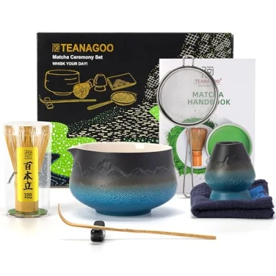 Afbeelding van TEANAGOO Japanse Matcha garde (7st) set Mtacha Kit kom met schenktuit Bamboe (chasen) lepel (chashaku) houder.N33, Verloop Navy Zwart...