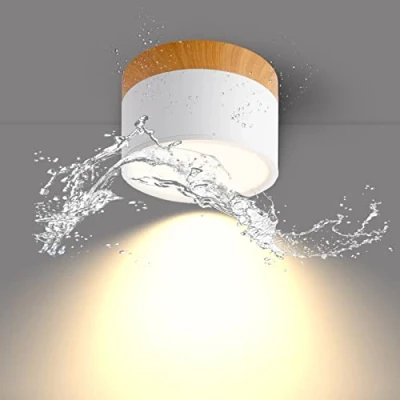 Afbeelding van Temgin IP65 plafondlamp opbouw wit mat houtnerf LED 12W 3000K warm plafondspots aluminium 230V Ø10cm plafond opbouwspots badkamer