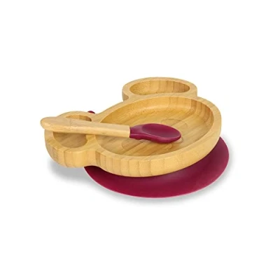 Afbeelding van BIOZOYG Bamboe Bord Set Muis I Zuignap Plaat Met Lepel FSC Certified Leuke Houten Kom Peuter Kids Plate &amp; Snack Bowl Baby Servies Rood