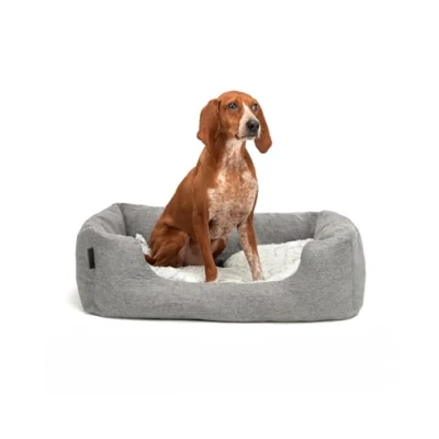 Afbeelding van lionto Hondenmandje met pluizig omkeerbaar kussen, knus huisdierbed in gemêleerd design diepe instap voor honden &amp; katten van alle groottes, (M) 80x60 cm, Zacht Hondenbed, Grijs