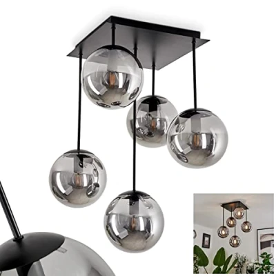 Afbeelding van plafondlamp Salamonde, moderne van metaal/glas in zwart/rookkleur, lamp met glazen kap, 5 x E14, zonder gloeilampen