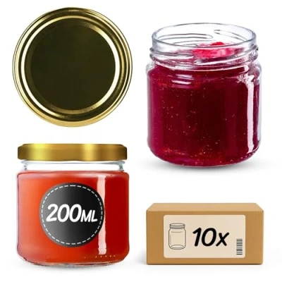 Afbeelding van KADAX kleine inmaakpotten, 200 ml, jampotten, diameter 66 mm, potten voor honing en specerijen, luchtdichte potten, weckpotten, ronde (10 stuks, goudkleurig)