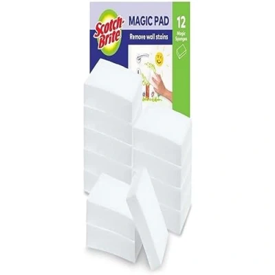 Afbeelding van Scotch Brite Magic Easy Eraser Spons, melamine reiniger, voordeelverpakking van 12 pads, verwijdert vlekken muren, schoenen, gootstenen en meer zonder chemicaliën, wit