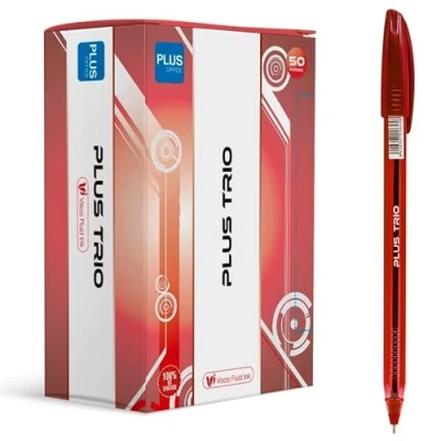 Afbeelding van Plus Office Trio Pack met 50 balpen dop, vloeibare viscose inkt, optimaal voor kantoor, thuis en school, rood, lijndikte 0,7 mm (50 rood)
