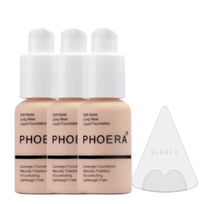 Afbeelding van Glamza Phoera foundation make up set met volledige dekking 24 uurs langdurige oliebestrijding zachte gladde matte vlekkeloze concealer crème Inc x3 30ml en siliconen blender spons (102 naakt)
