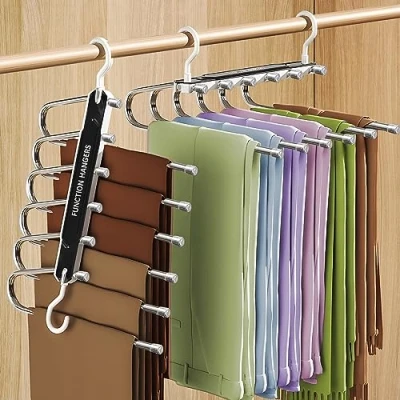 Afbeelding van MOYKSRR 6 in 1 broekhangers, 2 stuks antislip magische broekhangers roestvrijstalen uitschuifbare hangers Ruimtebesparend voor broeken, sjaals, jeans, kleding, handdoeken zwart