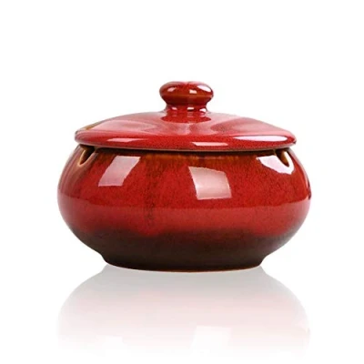 Afbeelding van Lependor Keramische asbak met deksels, Winddicht, Sigarettenasbak voor Binnen of buiten Gebruik, Ashouder rokers Huisdecoratie (Rood)