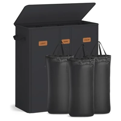 Afbeelding van SONGMICS Wasmand met 3 compartimenten, 160 L, deksel, 5 labels, uitneembare en wasbare binnenzak, wasruimte of slaapkamer, inktzwart RLH013B01