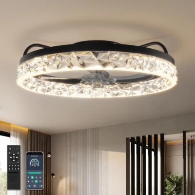 Afbeelding van YUNLONG Led plafondlamp, ventilator met afstandsbediening, stil, lamp, plafondventilator, zomer, winter, motor, DC omkeerbaar, 6 snelheden, dimbaar, K9, kristal, zwart