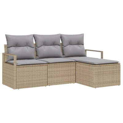 Afbeelding van vidaXL 4 delige tuinsofa set met kussens beige poly riet, 2 zits riet