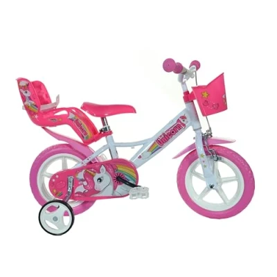 Afbeelding van Dino Kinderfiets Unicorn Eenhoorn 12 inch met zijwieltjes, mand en poppenzitje