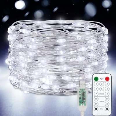 Afbeelding van 10M 100 LED USB koperdraad lichtketting met timer en afstandsbediening 8 programma&#039;s waterdichte binnen voor kamer, feest, bruiloft