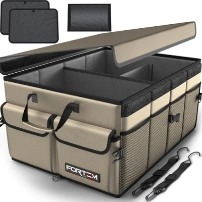 Afbeelding van FORTEM Auto Organizer, Kofferbak Achterbak Opvouwbare Organizer met Compartimenten, Antislip Bodem, Verstelbare Bevestigingsriempjes, Opvouwbaar Deksel Bruinen Standard