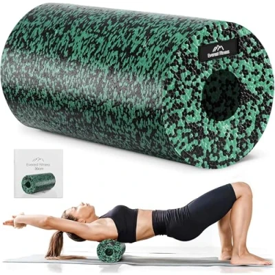 Afbeelding van EVEREST FITNESS fasciarol 30 cm middelhard in set met gratis oefenboek zwart/groen professionele voor de rug en wervelkolom schuimroller massagerol inclusief tas