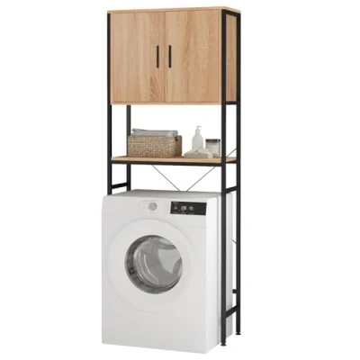 Afbeelding van EUGAD wasmachinekast, rek boven wasmachine, toilet, toiletrek met kast, verstelbare plank, badkamerrek van houtmateriaal, metaal, 64,5 x 170 27 cm
