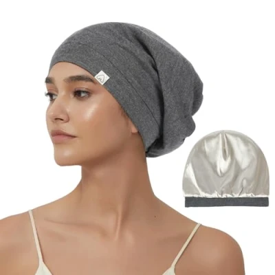 Afbeelding van Hat Hut zijden bonnet satijnen haaromslag om te slapen, verstelbare slaapmuts voor krullend haar, gevoerde beanie, muts, haarbedekking dames en heren, Donkergrijs, L