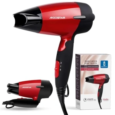 Afbeelding van Aigostar Linda 32GQT 1500W dubbele spanning compacte reishaardroger met inklapbare handgreep, 2 snelheden, oververhittingsbeveiliging. Kleur rood. Exclusief design.