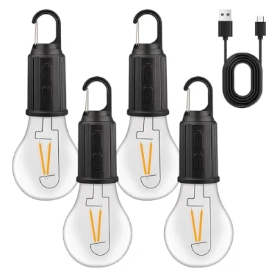 Afbeelding van 4 stuks campinglampen, oplaadbaar, tentlamp, gloeilamp, 3 lichtmodi, oplaadbare gloeilamp met batterij, USB opladen, campinglantaarn, led, mini, helderheid instelbaar, campinglicht, outdoor