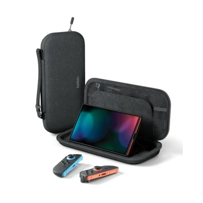 Afbeelding van Belkin Gaming Nintendo Switch 2 Beschermhoes voor op reis met AirTag houder en opbergruimte spelletjes Draagtas, licht, reishoes harde schaal zachte voering, reisaccessoires Antraciet