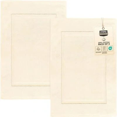 Afbeelding van Utopia Towels Katoenen gestreepte badmatten, ivoor, [geen badkamertapijt] 51 x 71 cm, 100% ringgesponnen katoen zeer absorberend en machinewasbaar, douche badkamer vloerhanddoek (Pack van 2)
