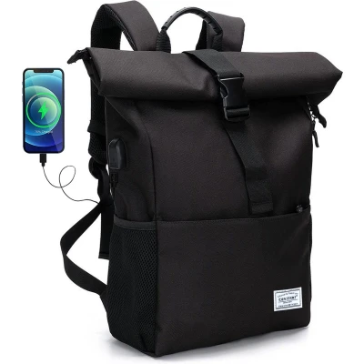 Afbeelding van FASSIONA Rugzak, Rolltop 25 Tot 40 L Waterdicht met Laptopvak 15,6 Inch en Externe USB Poort Zwart