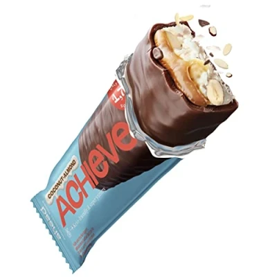Afbeelding van ﻿ahead ACHIEVE Keto reep 18 x 35g chocolade kokosnoot met geroosterde amandelen en stukjes witte zonder toegevoegde suikers low carb versnaperingen