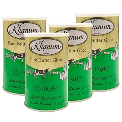 Afbeelding van Khanum Pure Butter Ghee Het beste botervet voor braden en koken in een set van 4 x 1 kg blik