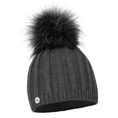 Afbeelding van ELIMELI® Kasjmier wintermuts voor dames, warme gebreide muts, wollen muts met kasjmier, kunstbont en pompon, slouchy beanie de winter, pomponmuts, gemaakt in EU, donkergrijs, Eén maat