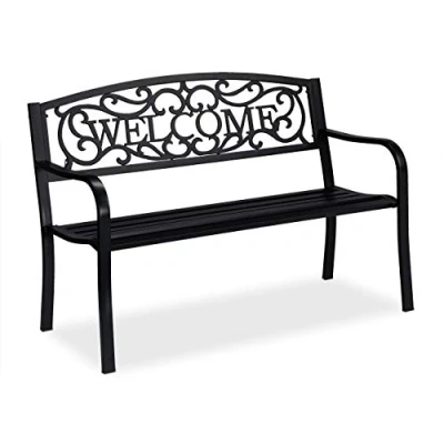 Afbeelding van Relaxdays tuinbank, Welcome, 2 persoons, stabiel, rustiek design, metaal, zitbank, HBD: 87x127x61 cm, zwart