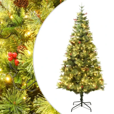 Afbeelding van Kerstboom met LED en dennenappels 225 cm PVC PE groen