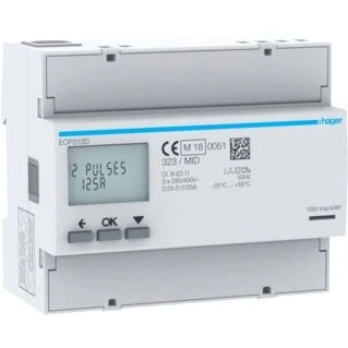 Afbeelding van Hager kwh meter 3 fase directe meting 125a 92 276v 160 480v klasse b pulsuitgang mid afname levering dubbeltarief ecp310d