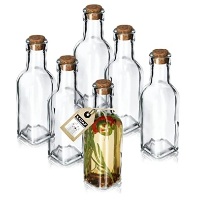Afbeelding van KADAX Universele fles met kurk, set van 6 transparante glazen flessen kurkstop, oliefaraf, container, oliefles azijnfles om te vullen, 175 ml, stuks