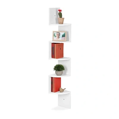Afbeelding van Relaxdays hoek wandrek, 5 planken, HxBxD 122 x 19,5 cm, hangende boekenkast, zigzag design, muurrek, MDF, wit