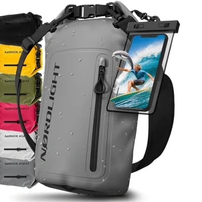 Afbeelding van Nordlight Dry Bag Waterdichte Tas met Telefoonhoes + Roll Top, Schouderriem Drybag Rugzak Pakzak Packsack Duffeltas Wetbag Zwemmen Strand SUP Kanoën Grijs, 30 Liter
