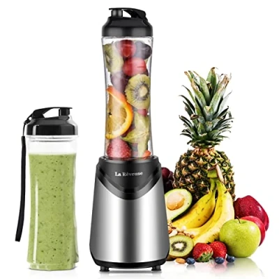 Afbeelding van La Rêveuse Mix&amp;Go blender smoothie mixer elektrisch 300 Watt persoonlijke grootte met 2 BPA vrije draagbare reissportflessen (550 ml), zilver