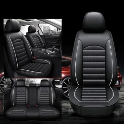 Afbeelding van Lederen autostoelhoezen, voor Dodge RAM 1500 2000 2018 2019 2020 2021 2022 2023 2024, Ademend Waterdicht Antislip Volledige set stoelhoezen Interieuraccessoires,Black+White