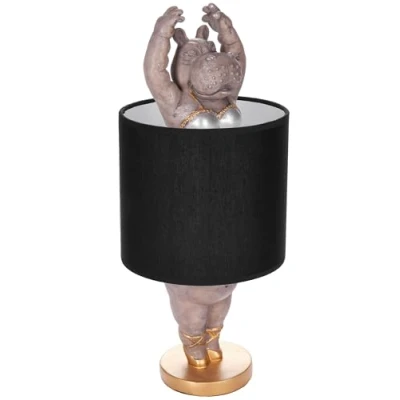 Afbeelding van BRUBAKER Tafel of bedlampje nijlpaard ballerina tafellamp met keramische voet en stoffen kap 43 cm hoogte, wit grijs