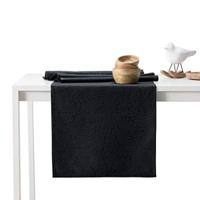 Afbeelding van AmeliaHome Tafelloper 30 x 80 cm, lotuseffect, waterafstotend, bladeren, zwart Gaia