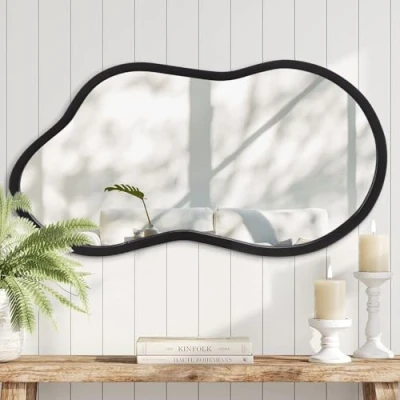 Afbeelding van AAZZKANG Onregelmatige spiegel, zwart, asymmetrische wandspiegel voor 55 x 30 cm, versierd houten frame, spiegel badkamer, slaapkamer, woonkamer, entree