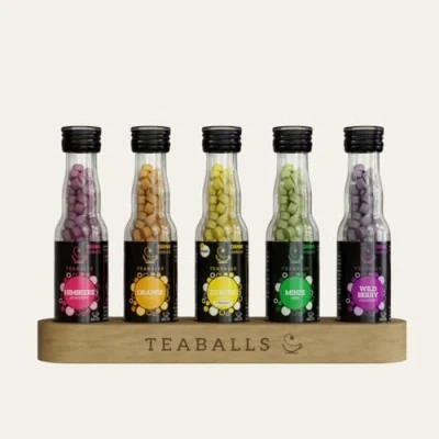 Afbeelding van Teaballs Regenboog met framboos, oranje, munt, citroen, wilde bessen, 5 stuks voor 375 kopjes thee