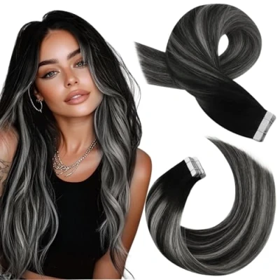 Afbeelding van Moresoo Tape in Extensies Onzichtbare Haarextensies Menselijk Haar Natuurlijk Zwart en Zilver Ombre Echt 55 cm 20 Stuks/50g #1B/Silver/1B